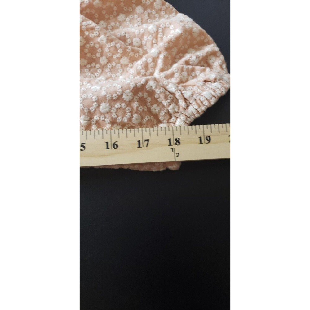 Line and Dot Top Womens XS Pink White Floral Puff Sleeve Peplum Tie‎ Back Blouse - Picture 8 of 9